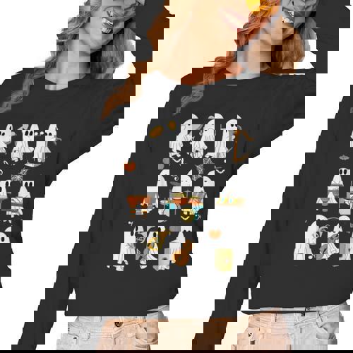 Halloween Ghost Playing Musical Instruments Music Teacher Women Long Sleeve T-Shirt - teacherstshirts.com