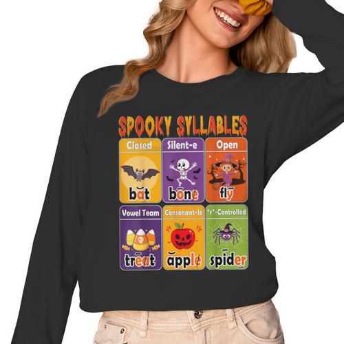 Halloween Spooky Syllable Types Teacher Educational Women Long Sleeve T-Shirt - teacherstshirts.com AU