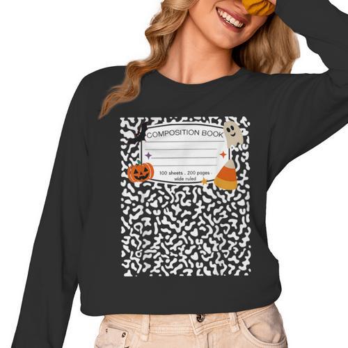 Halloween Teacher Composition Book Notebook Matching Group Women Long Sleeve T-Shirt - teacherstshirts.com UK