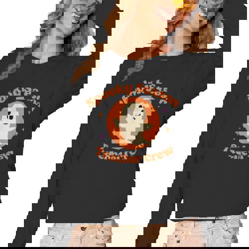 Halloween Teacher Crew Spooky Season Retro Ghost Women Long Sleeve T-Shirt - teacherstshirts.com