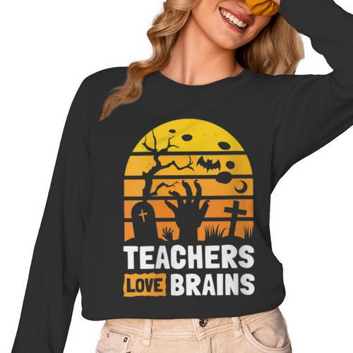 Halloween Teachers Science Math Teachers Love Brains Women Long Sleeve T-Shirt - teacherstshirts.com AU