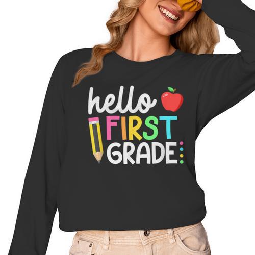 Hello First Grade Team 1st Grade Back To School Teacher Kids Women Long Sleeve T-Shirt - teacherstshirts.com AU