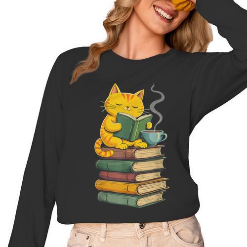 Kawaii Cats Lover Coffee Books Teacher Librarian Cat Women Long Sleeve T-Shirt - teacherstshirts.com AU