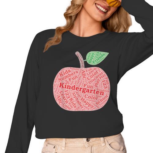 Kindergarten Apple Word Art For Teachers & Students Women Long Sleeve T-Shirt - teacherstshirts.com DE
