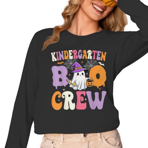 Kindergarten Boo Crew Spooky Kindergarten Halloween Teacher Women Long Sleeve T-Shirt - teacherstshirts.com CA