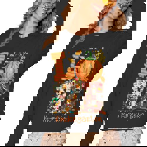 Love Kindergarten Teacher Turkey Thanksgiving Autumn Fall Women Long Sleeve T-Shirt - teacherstshirts.com