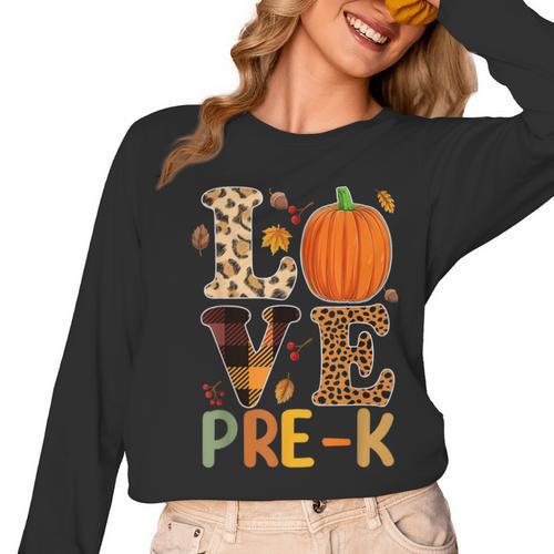 Love Pre-k Teacher Shirts Autumn Fall Pumpkin Fall Leopard Women Long Sleeve T-Shirt - teacherstshirts.com UK