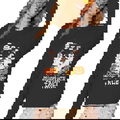 Multilingual Learner Teacher Spooky Halloween ESL Teacher Women Long Sleeve T-Shirt - teacherstshirts.com