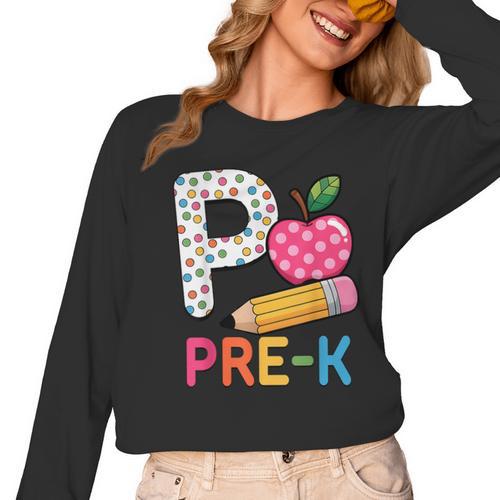 P Is For Pre K Teacher Student Pencil Apple Back To School Women Long Sleeve T-Shirt - teacherstshirts.com UK