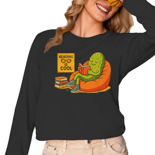 Pickle Reading Books Bookworm Teacher Librarian Kids Retro Women Long Sleeve T-Shirt - teacherstshirts.com