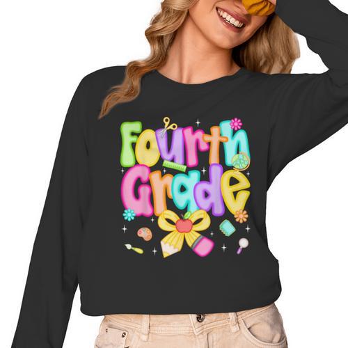 Preppy Fourth Grade Back To School 4th Grade Teacher Girls Women Long Sleeve T-Shirt - teacherstshirts.com AU