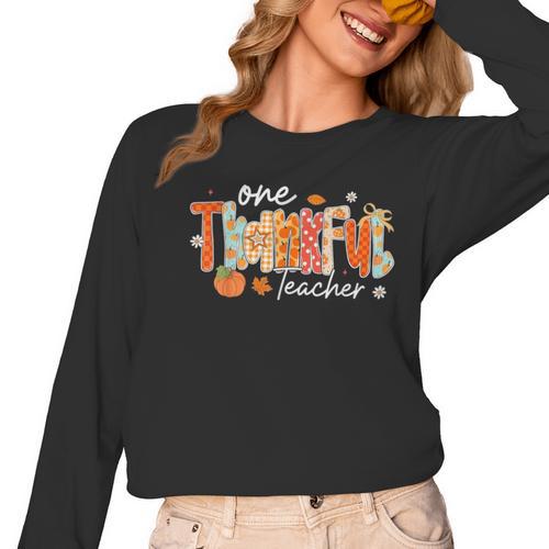 Preppy One Thankful Teacher Coquette Thanksgiving Teacher Women Long Sleeve T-Shirt - teacherstshirts.com AU