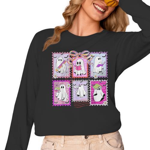 Preppy Spooky Teacher Halloween Ghost Coquette Bow Autumn Women Long Sleeve T-Shirt - teacherstshirts.com DE