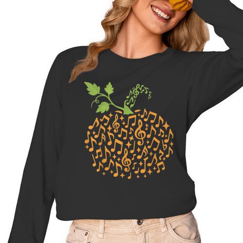 Pumpkin Music Notes Fall Teacher Autumn Halloween Women Long Sleeve T-Shirt - teacherstshirts.com UK