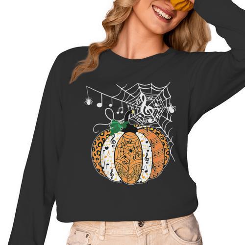 Pumpkin Music Teacher Halloween Fall Music Notes Autumn Women Long Sleeve T-Shirt - teacherstshirts.com DE