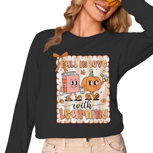 Pumpkin Teacher Preppy Fall In Love With Learning Autumn Women Long Sleeve T-Shirt - teacherstshirts.com UK