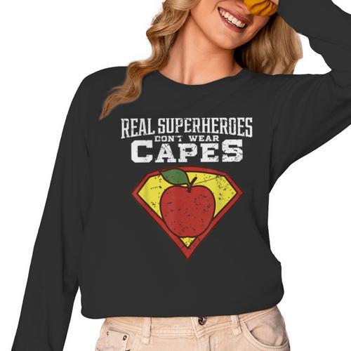 Real Superheroes Don't Wear Capes Teacher Shirt Teaching Te Women Long Sleeve T-Shirt - teacherstshirts.com UK