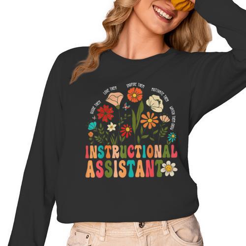 Retro Instructional Assistant Wildflowers Teacher Aide Women Long Sleeve T-Shirt - teacherstshirts.com CA