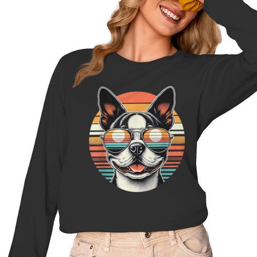 Retro Sunset Sunglasses Boston Terrier Boston Bull Bostie Women Long Sleeve T-Shirt - Bostonterriersmerch.com AU