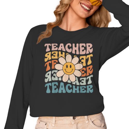 Retro Teacher Daisy Colorful Elementary School Teacher Women Long Sleeve T-Shirt - teacherstshirts.com UK