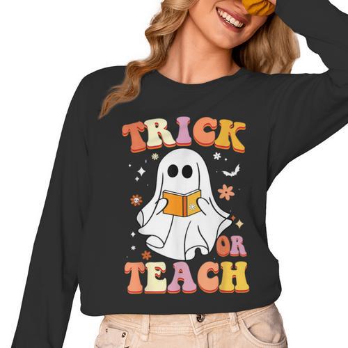 Retro Vintage Groovy Trick Or Teach Teacher Halloween For Men Women Kids Women Long Sleeve T-Shirt - teacherstshirts.com UK
