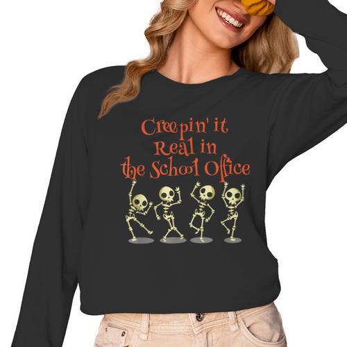 School Office Clerk Creepin' It Real HALLOWEEN Teacher Shirt Women Long Sleeve T-Shirt - teacherstshirts.com
