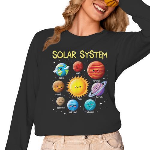 Solar System Cute Face Planets Space Science Teacher School Women Long Sleeve T-Shirt - teacherstshirts.com AU