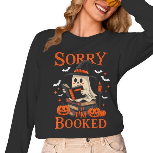 Sorry I'm Booked Ghost Reading Book Lover Teacher Halloween Women Long Sleeve T-Shirt - teacherstshirts.com AU