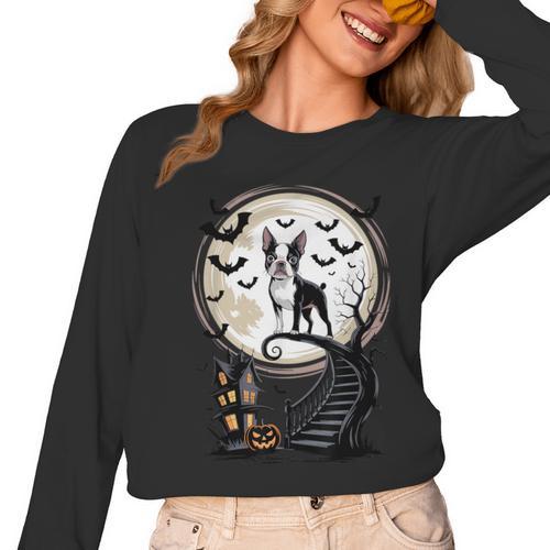 Spooky Halloween Moon Boston Terrier Boston Bull Bostie Women Long Sleeve T-Shirt - Bostonterriersmerch.com AU
