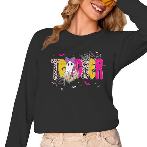 Spooky Halloween Teacher Para Counselor SPED Preppy Boo Kids Women Long Sleeve T-Shirt - teacherstshirts.com DE