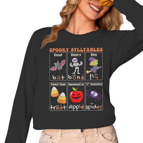 Spooky Syllables Halloween Teacher Student Education Women Long Sleeve T-Shirt - teacherstshirts.com DE
