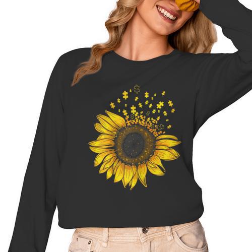 Sunflower Puzzle Pieces Autism Awareness For Mom Teacher For Women Women Long Sleeve T-Shirt - teacherstshirts.com DE