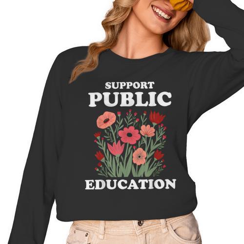 Support Public Education Cute Floral Teacher Red For Ed Women Long Sleeve T-Shirt - teacherstshirts.com