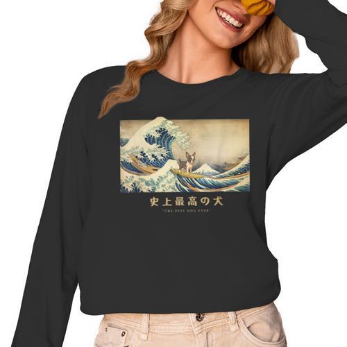 Surfing Boston Terrier Kanagawa Wave Japanese Dog For Men Women Kids Women Long Sleeve T-Shirt - Bostonterriersmerch.com CA