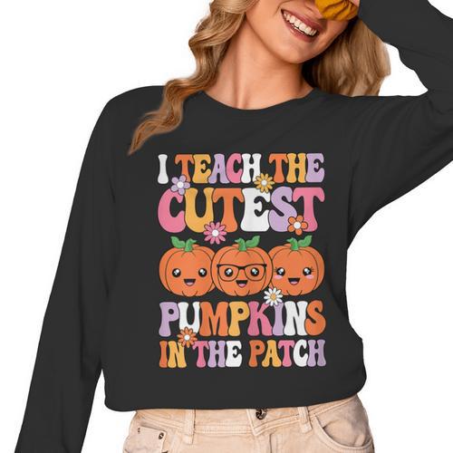 I Teach The Cutest Pumpkins Halloween Fall Teacher Women Women Long Sleeve T-Shirt - teacherstshirts.com