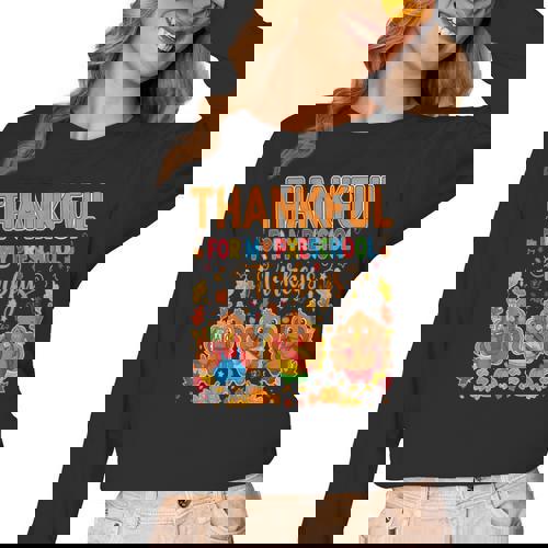 Teach Thanksgiving Teacher Thankful For My Preschool Turkeys Women Long Sleeve T-Shirt - teacherstshirts.com