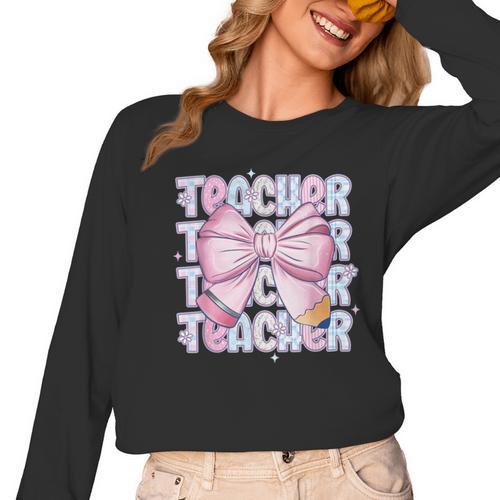 Teacher Bow Pencil Flowers Teacher Back To School Women Long Sleeve T-Shirt - teacherstshirts.com UK