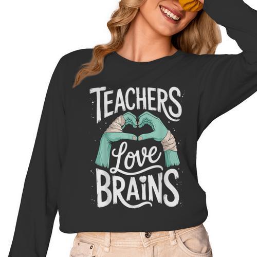 Teacher Halloween Shirt Women Men Teachers Love Brains Women Long Sleeve T-Shirt - teacherstshirts.com AU