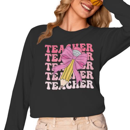 Teacher Pencil Back To School Groovy Pink Teacher First Day Women Long Sleeve T-Shirt - teacherstshirts.com AU