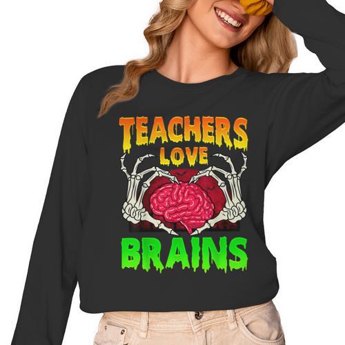 Teacher Teachers Love Brains Skeleton Hand Heart Halloween Women Long Sleeve T-Shirt - teacherstshirts.com AU