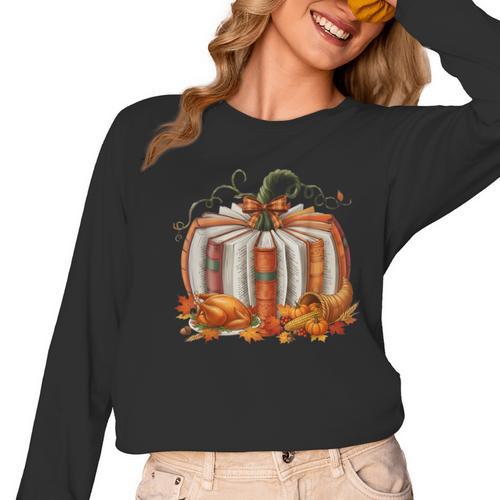 Thanksgiving Book Pumpkin Reading Teachers Fall Lovers Boys Women Long Sleeve T-Shirt - teacherstshirts.com AU