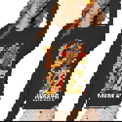 Thanksgiving Love Kindergarten Teacher Turkey Autumn Fall Women Long Sleeve T-Shirt - teacherstshirts.com