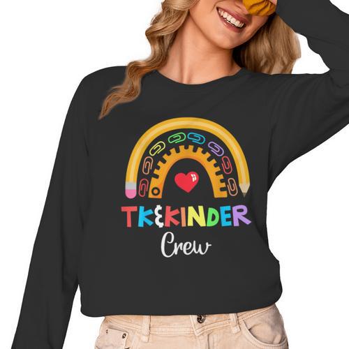 TK And Kinder Crew TK Teacher Transitional Kindergarten PreK Women Long Sleeve T-Shirt - teacherstshirts.com CA