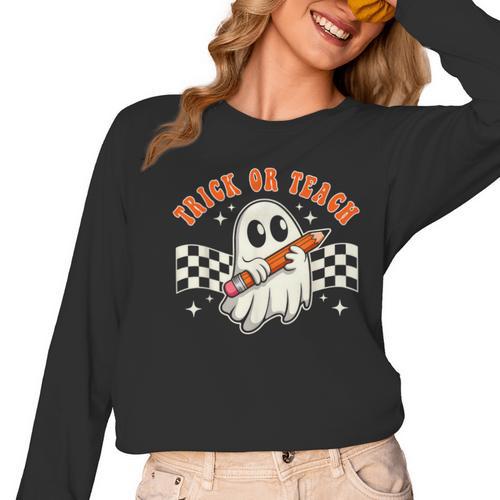 Trick Or Teach Groovy Retro Ghost Halloween Teacher Kids Women Long Sleeve T-Shirt - teacherstshirts.com