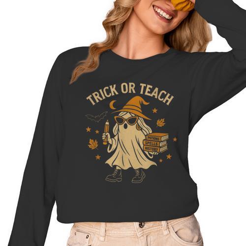 Trick Or Teach Halloween Teacher Women Long Sleeve T-Shirt - teacherstshirts.com CA