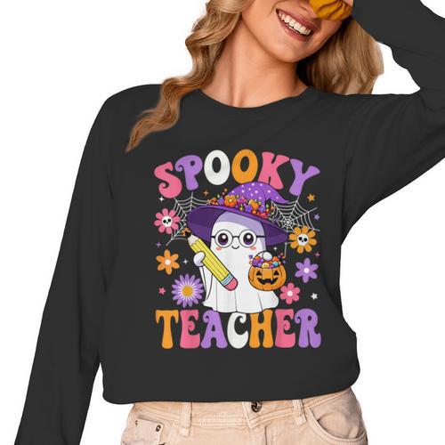 Trick Or Teach Spooky Teacher Ghost Halloween Teacher Women Long Sleeve T-Shirt - teacherstshirts.com UK