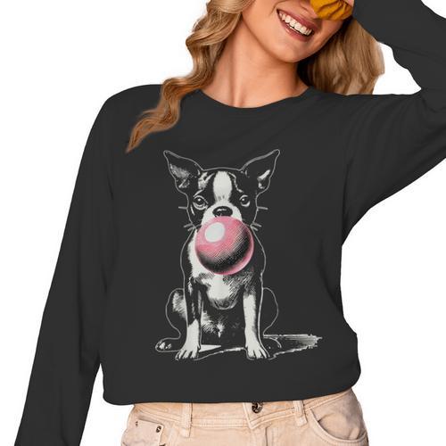 Vintage Boston Terrier Blowing Bubble Gum American Gentleman Women Long Sleeve T-Shirt - Bostonterriersmerch.com