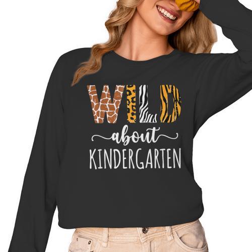 Wild About Kindergarten Teacher Leopard Print Women Long Sleeve T-Shirt - teacherstshirts.com