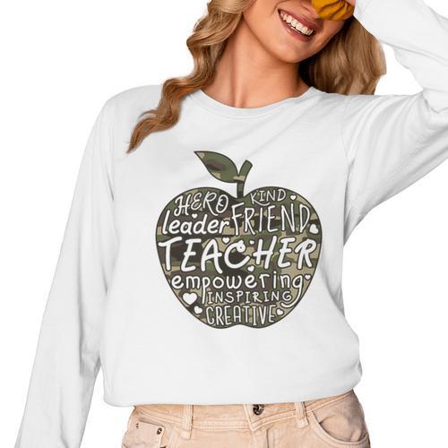 Apple Camoflauge Clothing Camo Student Teacher Cute School Women Long Sleeve T-Shirt - teacherstshirts.com CA