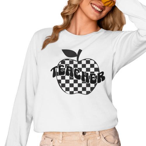 Back To School Checkered Apple Teacher Checkerboard Teacher For Men Women Girls Kids Women Long Sleeve T-Shirt - teacherstshirts.com